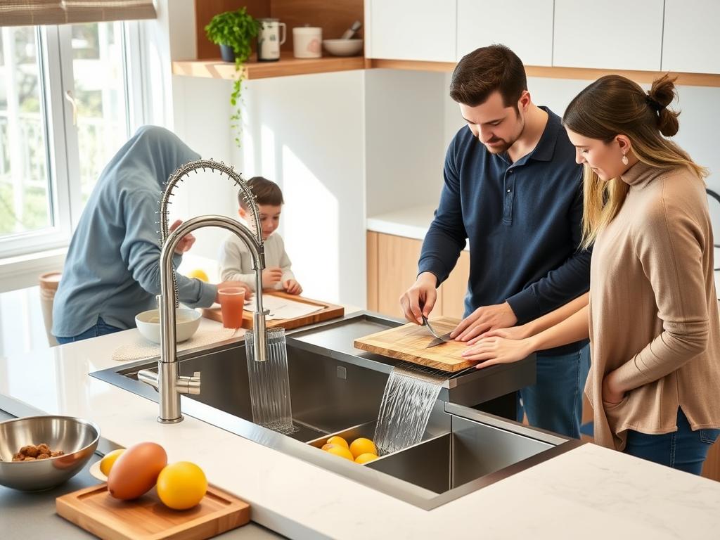 Family using a waterfall kitchen sink with multiple accessories Family using a waterfall kitchen sink with multiple accessories