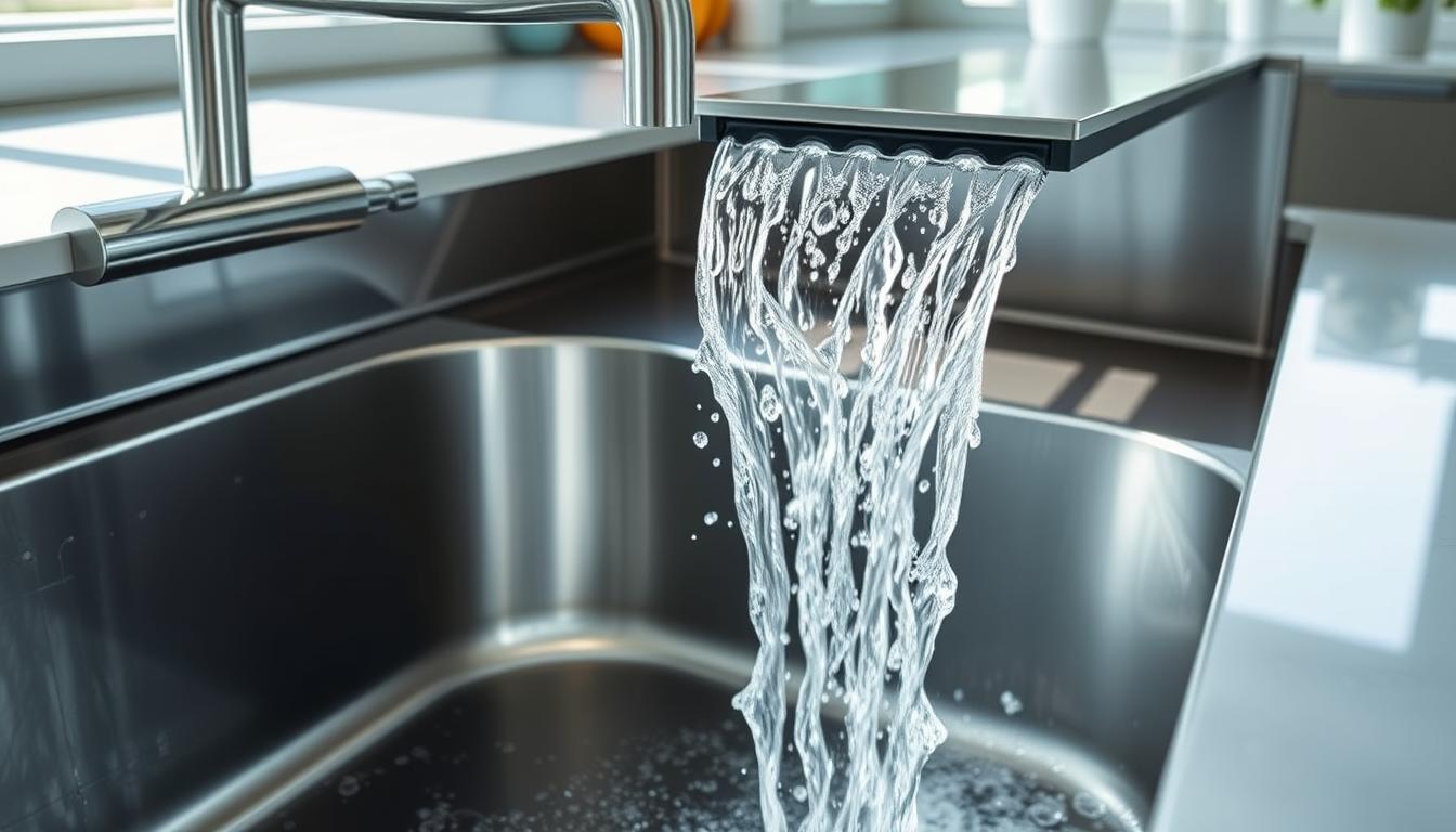 Modern waterfall kitchen sink with water flowing in cascade pattern