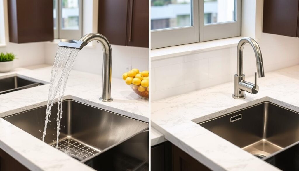 Side-by-side comparison of waterfall kitchen sink and traditional sink Side-by-side comparison of waterfall kitchen sink and traditional sink